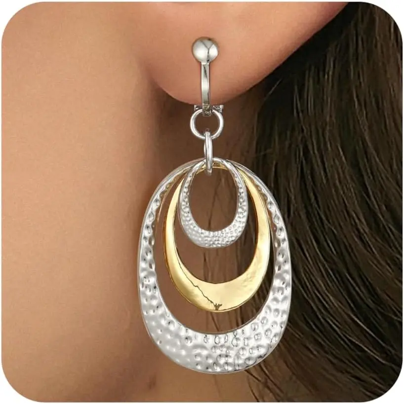 Awinesn Women's Clip-On Earrings, 14K Gold Plated Hammered 2-Tone Disc Drop Dangle Statement Jewelry, Hypoallergenic Non-Pierced Accessory for Wedding, Party Gifts