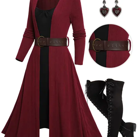 2025 Women's Christmas Dresses Rib Contrast Long Sleeve O Ring Belt 2 In 1 Knit Dress Fall Winter Dress