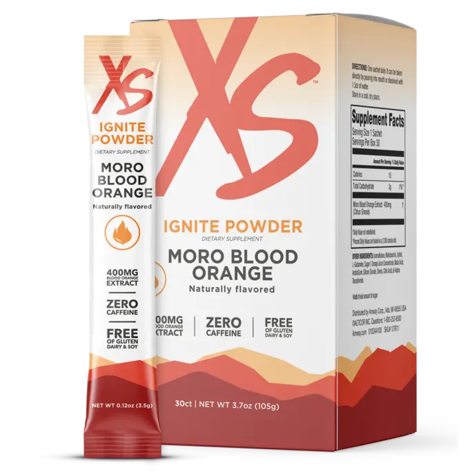 Amway XS Ignite Powder Moro Blood Orange 30 Stick Packs | Moro Blood Orange Flavor | Drink Mix | Powder Beverage | 30 Stick Packs | Blood Orange | XS Ignite | Original Formula | Individual Stick Packs | Citrus Flavor | Ready-to-Mix Drink | XS Product