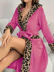 Women's Leopard Print Flannel Bathrobe, Hooded Belted Robe with Pockets, Casual Loose Fall Winter Home Wear Loungewear, Lightweight Luxury Sleepwear Womenswear