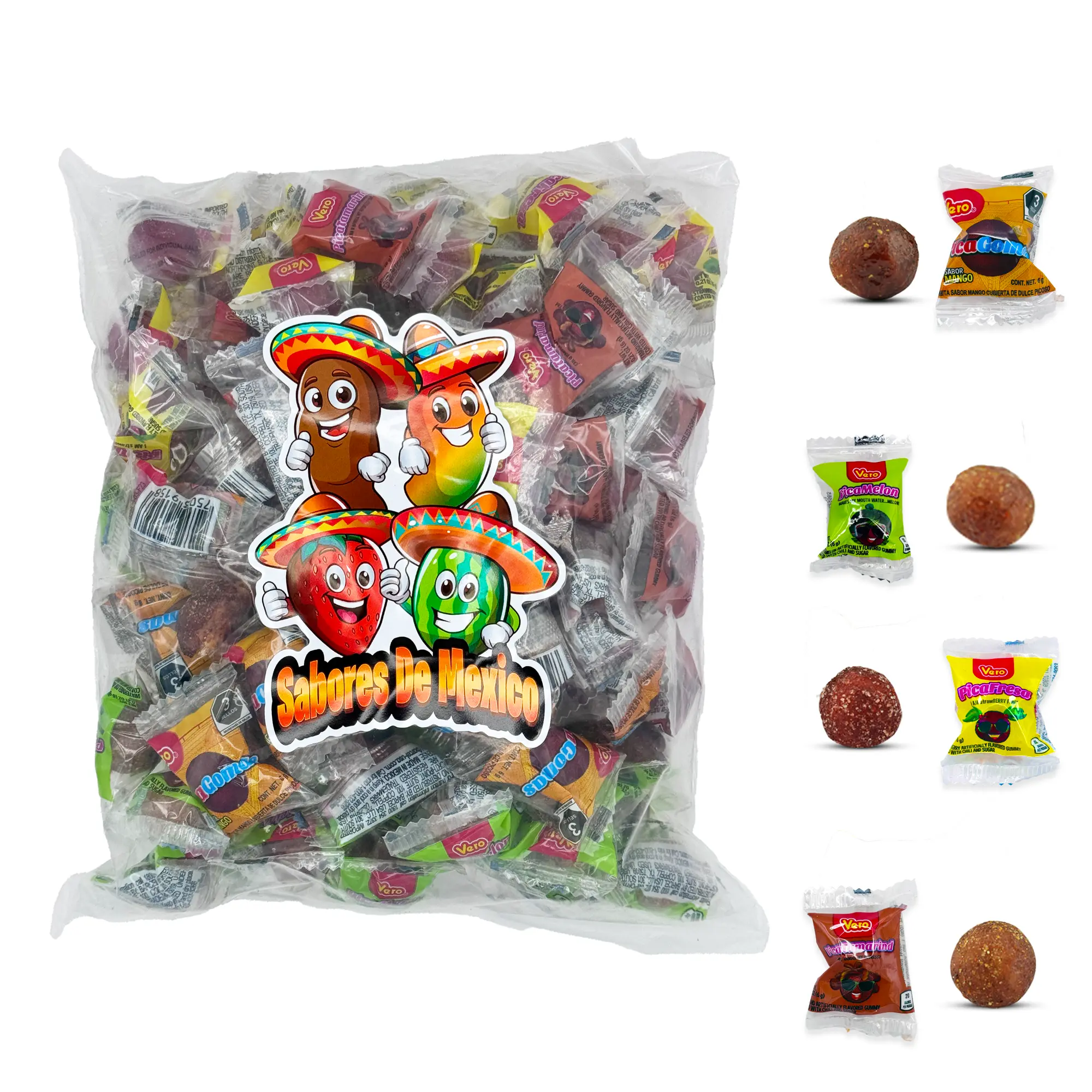 100 Pcs Vero Pica Fresa Pica Goma Mix - Spicy Strawberry, Tamarindo, Sandia, Mango Mexican Candy Dulces Mexicanos Sweet Snack Gummy Bonbon Mangga
