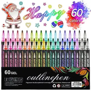 Double-Line Outline Art Marker Pen Set, 8/12/24/36/48/60 Color set DIY Graffiti Highlighter Pens, Waterproof Drawing Pens for Journaling, Scrapbooking & Art Creation Dual Tip Acrylic