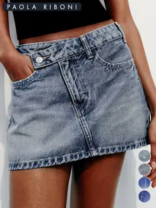 Women's Plain Overlap Waist Zipper Fly Denim Skirt, Casual Button Pocket Mini Skirt for Daily Wear, Ladies Bottoms for All Seasons