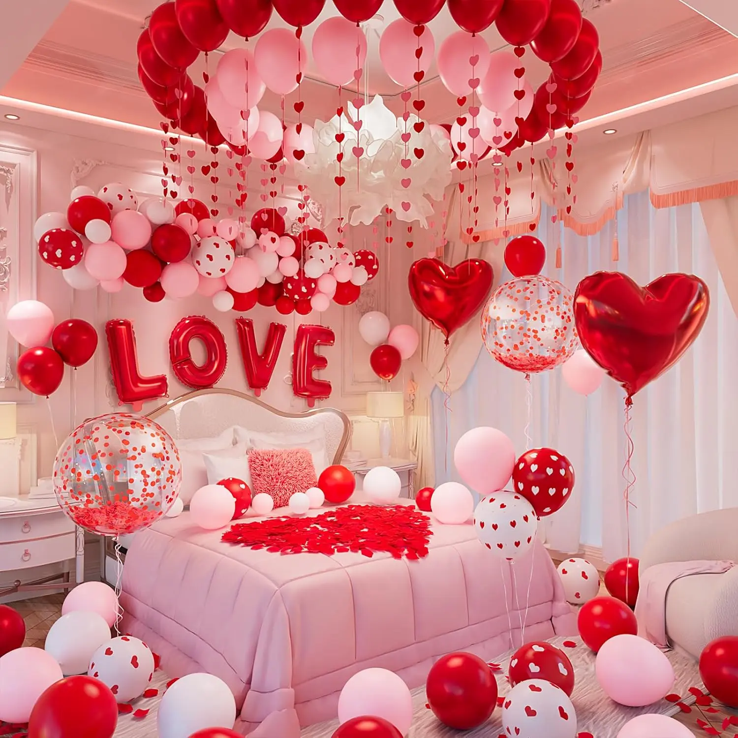 Valentine's Day Bedroom Decor Balloon Arch & Garland Kit, Easy Assembly Romantic Set with 32" Metallic LOVE Foil Letters, Heart Shaped Balloons, Rose Petals for Proposal, Anniversary