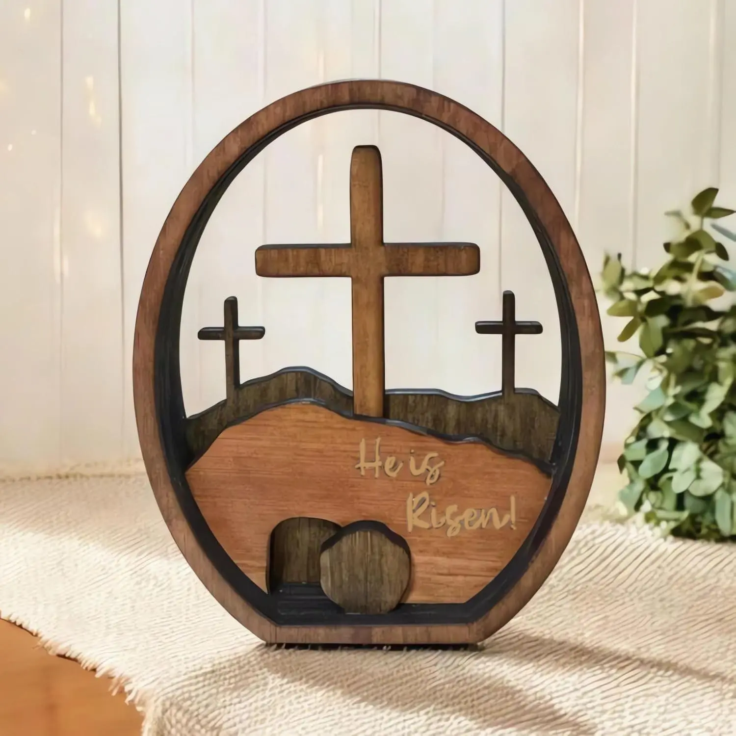 Easter Decoration, New He Is Risen Decor Empty Tomb Scene and Wooden Cross Decorations Easter Decorations Jesus Nativity Scene for Religious Home Office Tabletop Shelf Religious Ornament Spiritual Decor