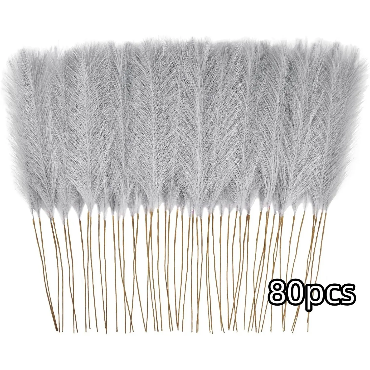 80pcs Faux Pampas Grass Grey, 21.6inch/55cm Artificial Pompous Grass Floral Fake Pompas Grass Branches Vase Filler Flower Arrangement Indoor Outdoor Decorative for Home Wedding Boho Decor Diy Floral Decoration Artificial Plants