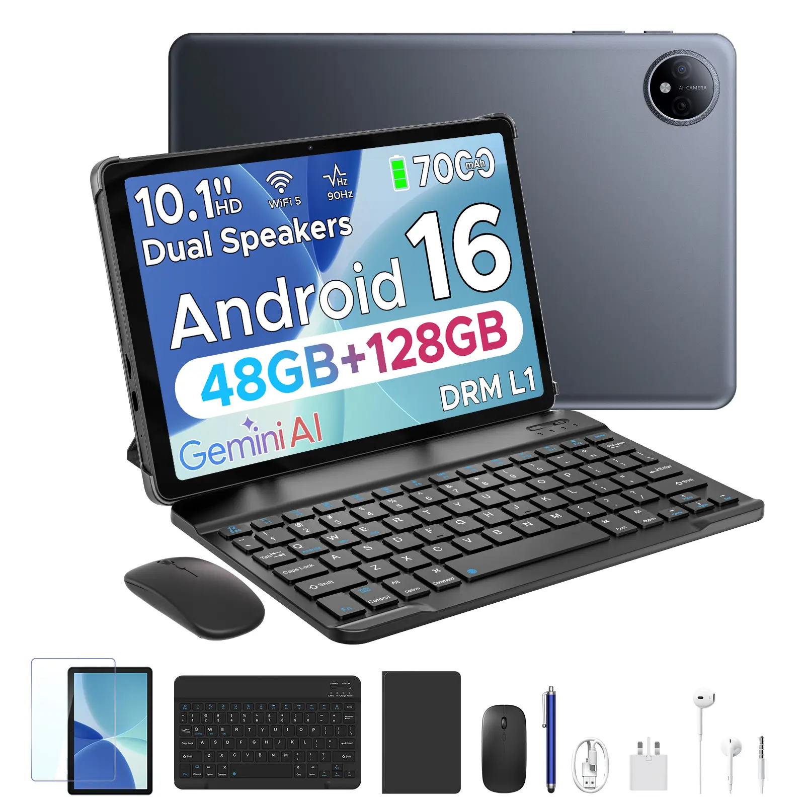 P10 10.1" Android 16 Tablet with Keyboard & Pen, case, 48GB+128GB, 7000mAh, 90Hz Display, Unisoc T310 Quad-Core, Dual Speakers, Gemini AI Tablet, Blue