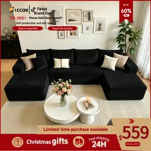[3 or 2 Packages Shipped] [sectional sofa couch] Niccae U-shaped Modular Sectional Sofa, Compressed Corduroy Fabric, Modern Style Living Room Sofa Bed, Space-Saving Recliner Design - Convertible Corduroy Sectional Sofa