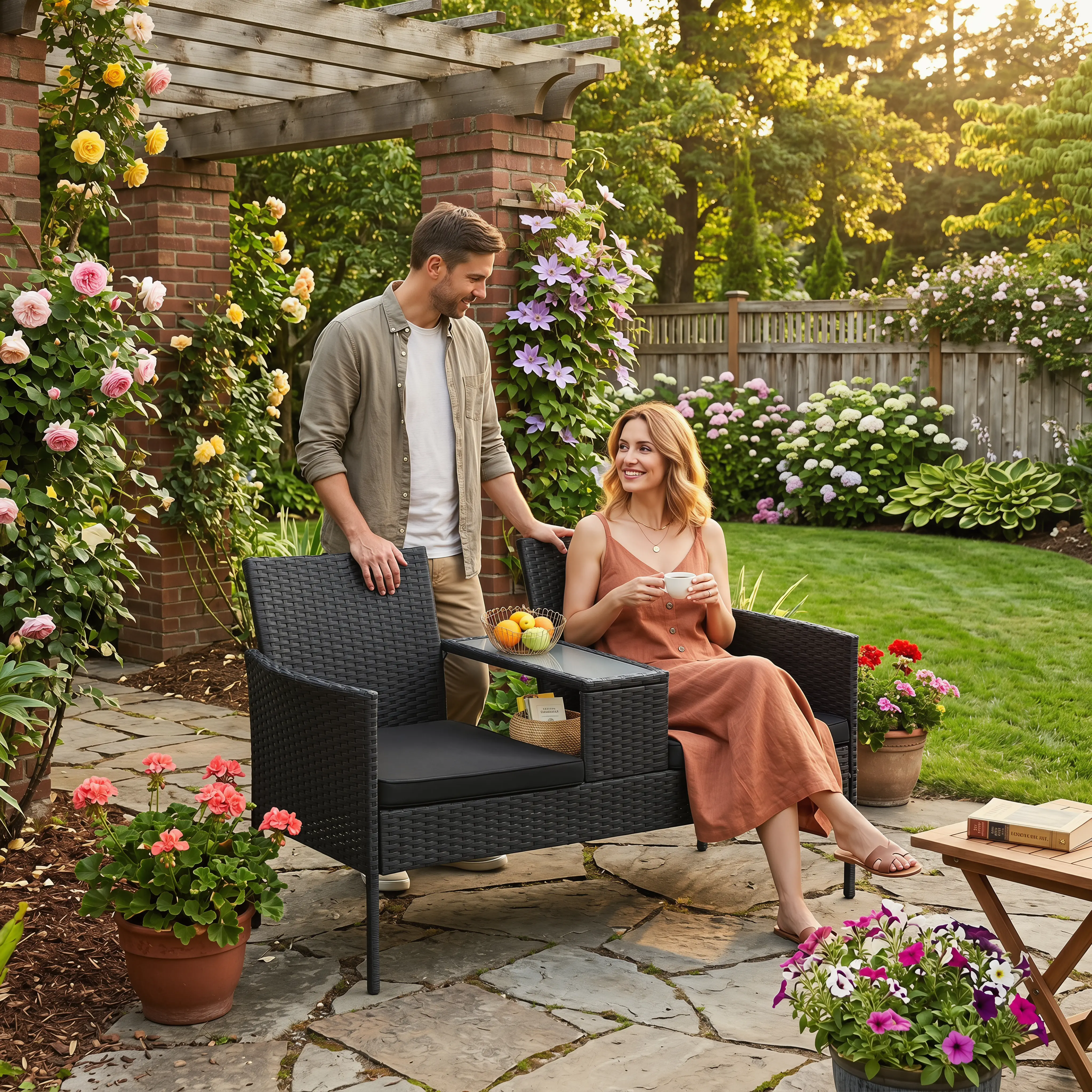 Outdoor Patio Loveseat with Storage Table, Handwoven Rattan with Washable Covers, for Porch, Balcony, Backyard, Conversation Furniture summergarden