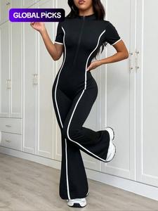 Women's Colorblock Zipper Fall Winter Fleece Lined Knit Yoga Jumpsuit, Long Sleeve Slim Fit Casual Fashion Jogger Pants