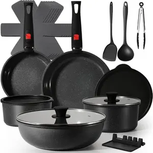 Ceramic Cookware Set, 21 count Pots and Pans Set Nonstick with Detachable Handles, Stackable Granite-Style Induction Cookware for RV Camping Kitchen, Dishwasher & Oven Safe, Black