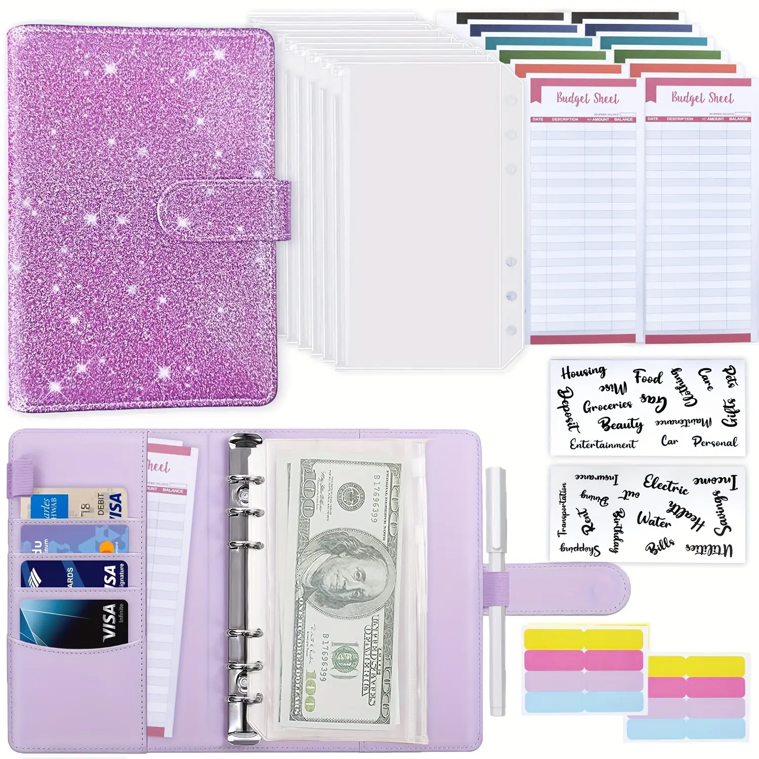 A6 Glitter, Sparkling PU Leather Binder, Planner Notebook, Weekly Planner, Monthly Budget Planner, Financial Planner, 6 Ring Budget Planning Storage Bag with 8 Zipped Cash Envelopes, 12 Expense Budget Sheets, 2 Letter Label Stickers for Budget, Save Money