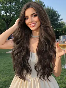 28 Inch Long Wavy Wigs for Women, Gorgeous Fluffy Loose Wave Wigs with Curtain Bangs, Synthetic Full Machine Wigs for Party, Daily Use
