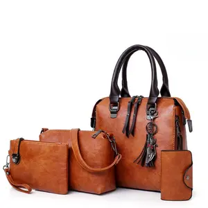 Women Vintage Leather Handbag Set, Satchel Tote Bag with Cat Pendant, Crossbody & Wristlet Wallet, Ideal for Work & Daily Use