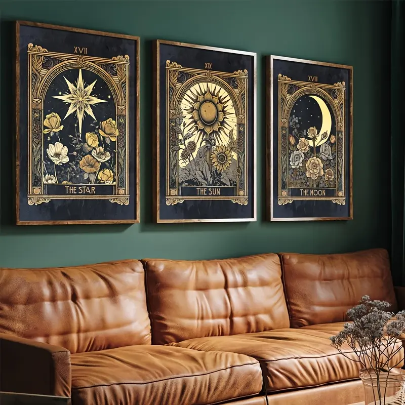 3pcs Boho Sun, Moon & Stars Tarot Card Art Canvas Print, Vintage Prints - Vintage Astrology Aesthetic Wall Decor for Home - Unframed Ink on Canvas, Retro Botanical Posters with Astrological Signs, Wall Art Painting