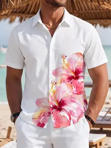 Hibiscus Print Tropical Hawaiian Shirt, Men's Beach Short Sleeve Casual Shirt, Vacation Resort Button Up, White Floral, Botanical Floral Shirt, Casual Summer Shirt, Beach Life Shirt | TikTok Viral