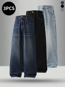 3-pack men’s jeans for autumn/winter, high cotton content, simple versatile straight-leg classic vintage jeans—men’s pants suitable for everyday commuting and casual wear.