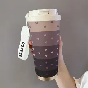 A 18oz stainless steel insulated coffee cup with a heart pattern - double-walled vacuum insulated travel mug, leak-proof lid and straw, portable handle, suitable for both hot and cold beverages, Valentine's Day gift, ideal for coffee and tea lovers, home,