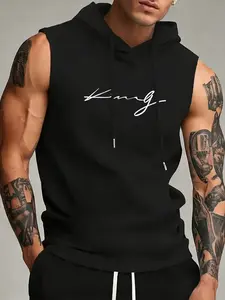 Men's Sleeveless Hooded Tank Top - Quick Dry Muscle Shirt with King Signature Print - Breathable Athletic Activewear for Gym, Fitness, Bodybuilding, Running, and Casual Streetwear - Stylish Confident Workout Outfit for Men - Athleisure Street Fit