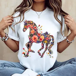 Floral Horse Print T Shirt White Casual Loose Fit For Everyday Wear And Light Activities