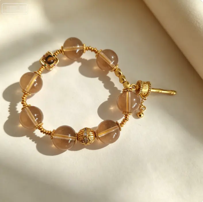 18K Gold Plated Smoky Quartz Bracelet Natural Clear Crystal Spiritual Lucky Bracelet Unisex