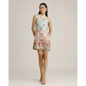 Alisha Shift Dress – Vibrant Floral Mini with Mock Neck, Pastel Rainbow Georgette, Sequin & Threadwork Embroidery, Fully Lined, Hidden Back Hook Closure, Elegant & Playful Design – Runs Small, Size Up