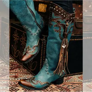 Women'S Vintage Western Boots |   Turquoise Cowboy Boots with Slip-On Closure, Mid Heel (3-4 inch), Synthetic Material |   Suitable for Country Music Festivals, Rodeos, Western Costumes |   Authentic Texas Design, Easy-to-Care, European/American Style