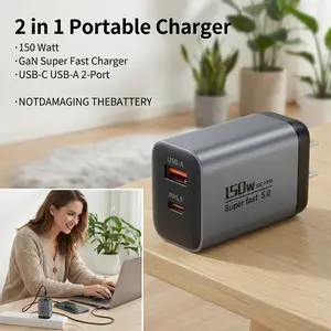 150W USB A Charger Block 2-Port PD&AC GaN Super Fast USB C Charging Block Wall Charger Adapter Plug for MacBook Pro/MacBook Air iPhone 17 Pro Max/17 Air/16 Plus/16E/15 iPad Pro/Air/Mini and More