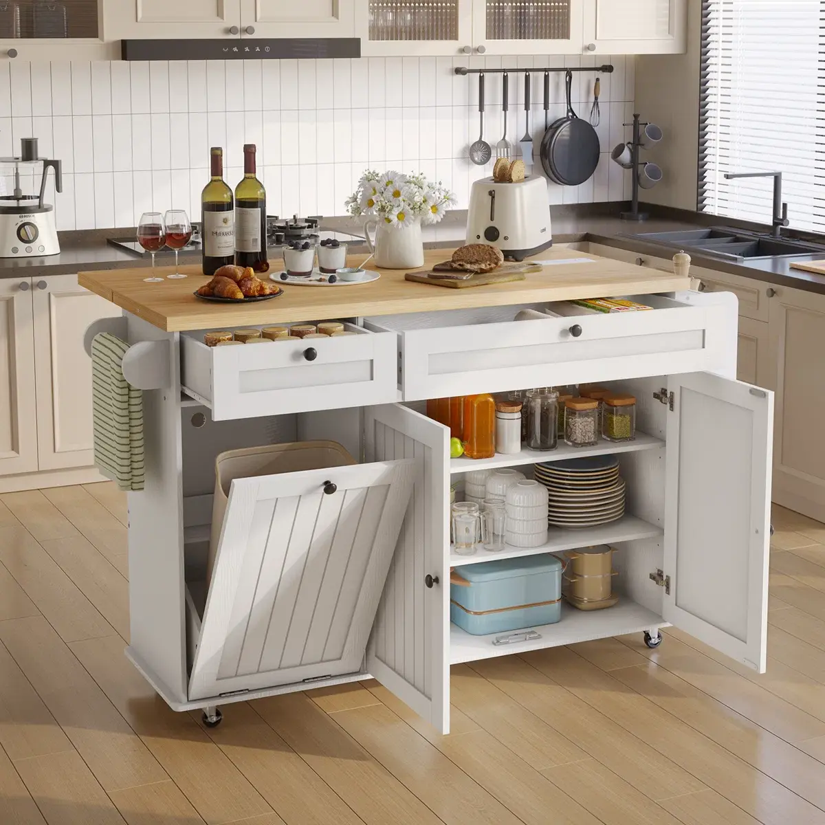 【SummerFinds】ONBRILL 60" / 81.7" Kitchen Island with Power Outlet & Drop Leaf, Kitchen Rolling Island with Spice Rack & Towel Rack, Knife Holder, Kitchen Island Cart with Trash Storage Cabinet, Mobile Island Table for Kitchen