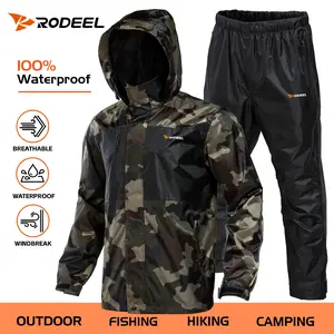 RODEEL 702 Waterproof Jacket and Pants Set Men Lightweight Breathable Full Zip Adjustable Hooded Rain Coat Durable Rain Suit Weatherproof Rainwear Windbreaker For Outdoor Hiking Camping Fishing Boating Construction Landscaping, Holiday Gift