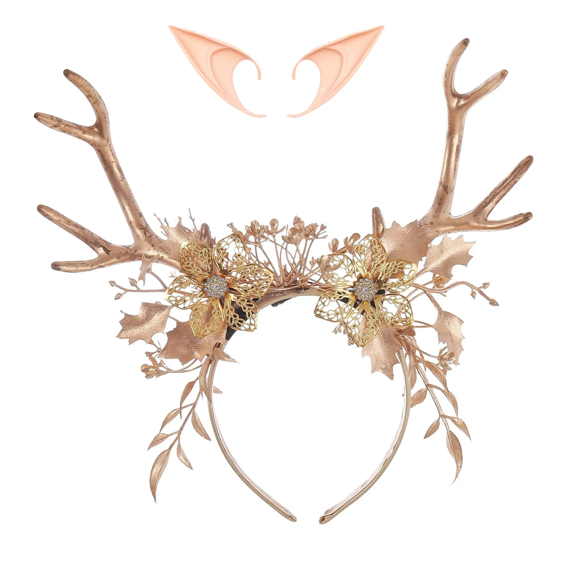 GentleLie Handmade Baroque Golden Antler Horn Headpiece - Female Fairy Girly Style Headpiece with Elf Ears, Floral Crown for Christmas, Halloween, Birthday Party Cosplay Accessory for Women