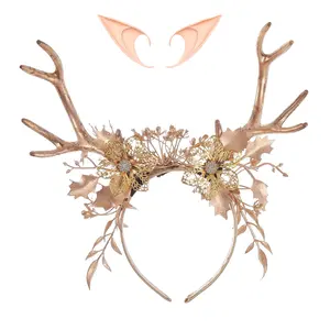 GentleLie Handmade Golden Antler Headband with Elf Ears, Fairy Goddess Floral Crown for Christmas &Halloween Birthday Party, Fantasy Woodland Deer Horn Headpiece, Elegant Cosplay Accessory for Women & Girls