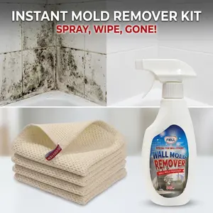 All-in-One Home Mold & Mildew Cleaner Set - Safe for Tile Grout, Drywall & Wood - Includes 240ml Spray & 4X Reusable Premium Waffle Weave Cloths - Heavy Duty Formula Cleaning