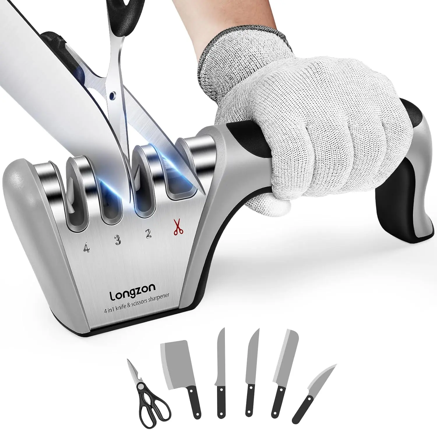 Longzon 5-in-1 Knife Sharpener 4 Stage with Cut-Resistant Glove, Quickly Sharpens & Restores Dull Blades, Easy & Safe for Home Manual Kitchen Use, Fits Most Knives and Scissors, Black+Silver