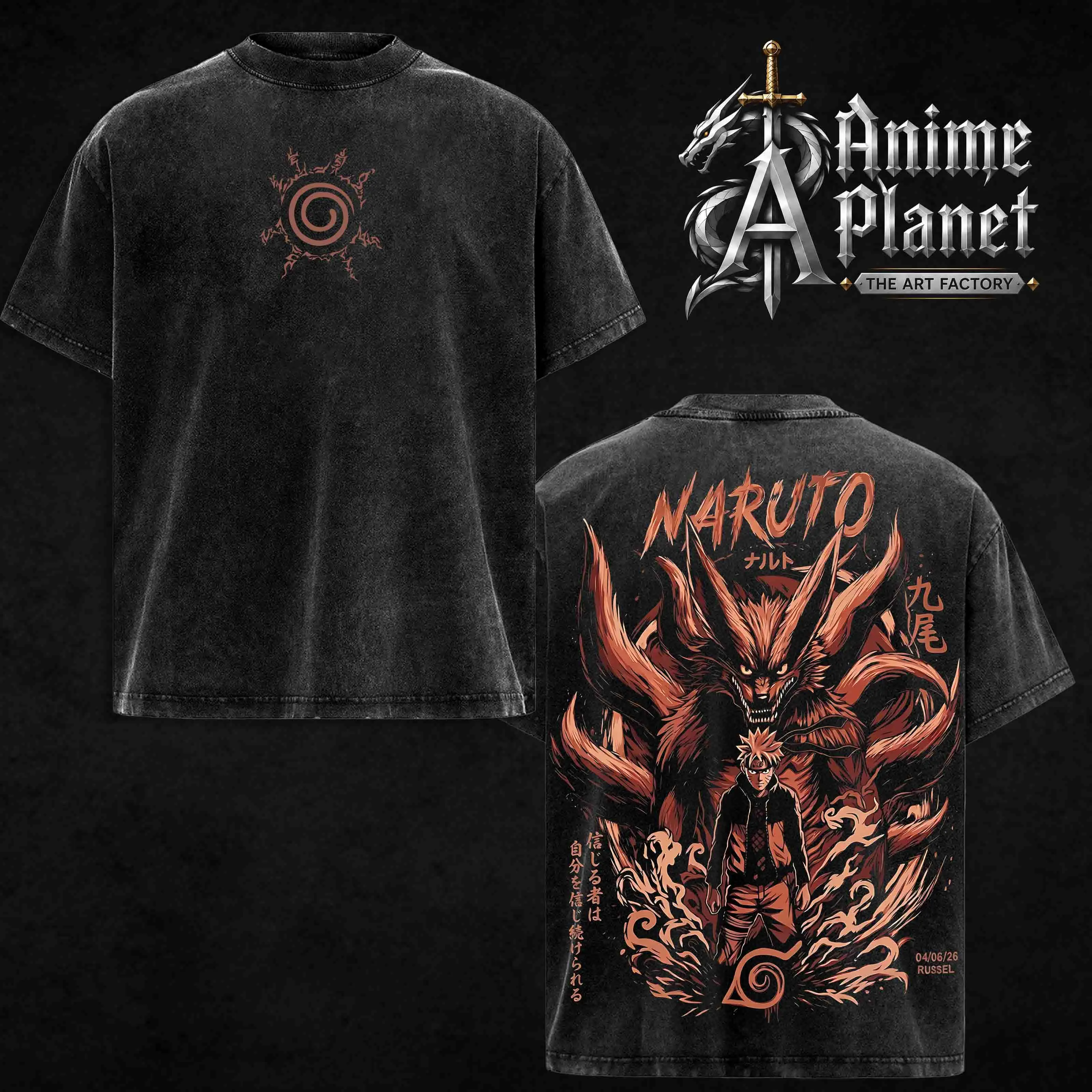 [ Anime Planet ] "Kurama Nine Tailed Fox" - Naruto Shippuden Anime Vintage Wash Tees Unisex Acid Washed Heavyweight Cotton, graphic men clothing streetwear