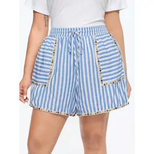 BLOOMCHIC Women's Plus Size Asymmetrical Striped Print Rayon Shorts - Smooth, Belted, Casual Bottom, M-6X, 2026 Summer Swimweek Vibes