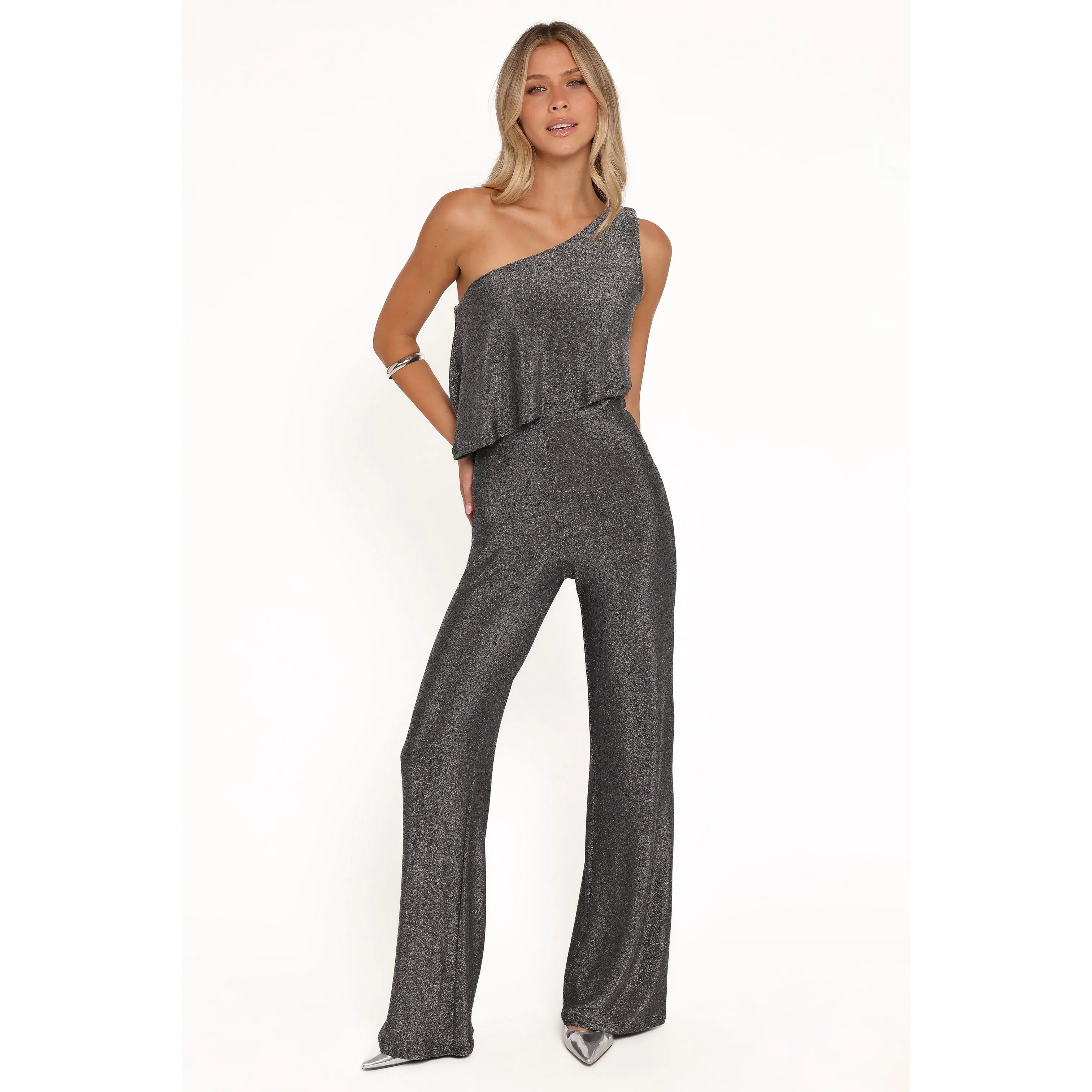 Anna One Shoulder Lurex Jumpsuit - Black Silver