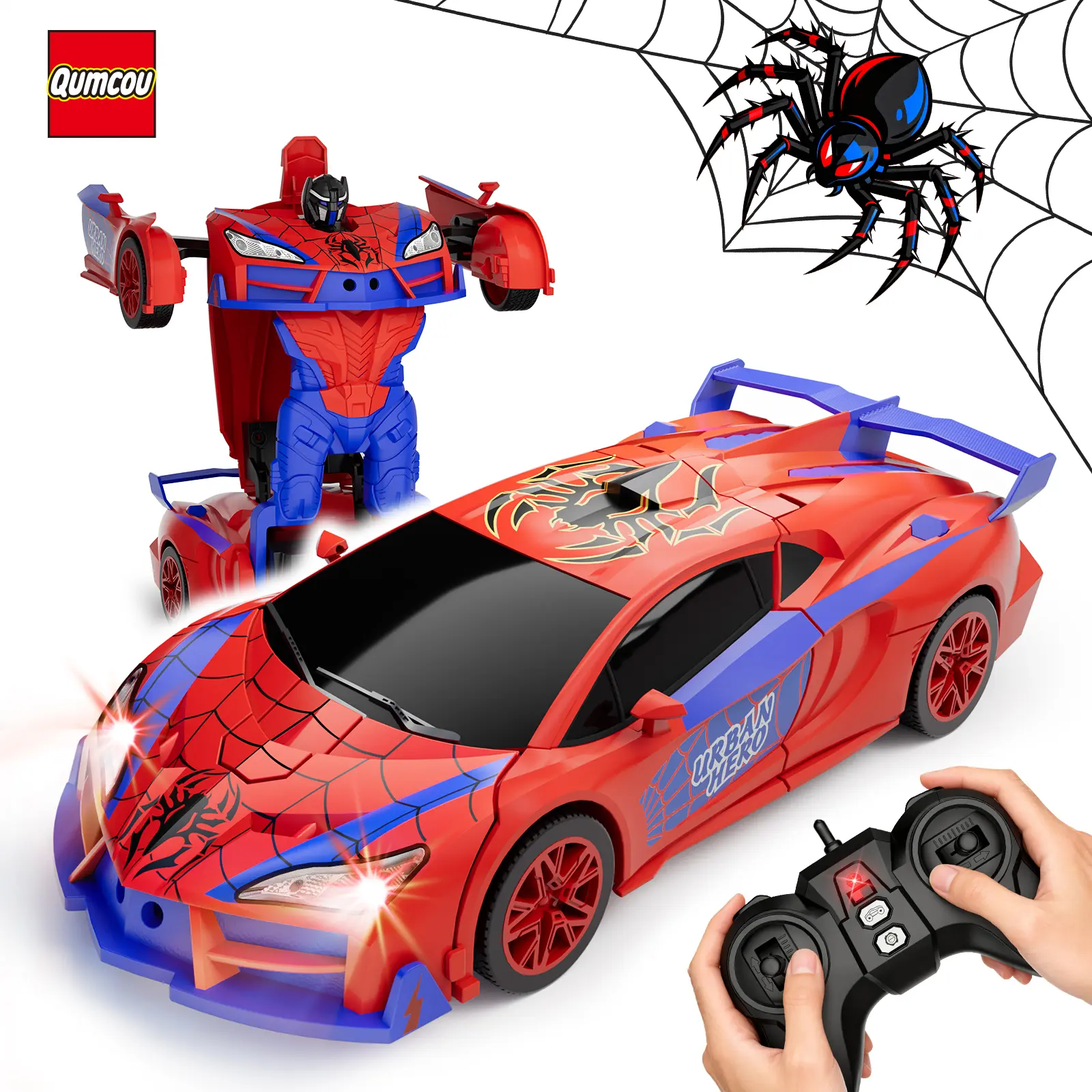 Qumcou 1:16 Scale Spider Transform RC Car - 2.4GHz Long-Range Signal, 1-Button Transform, 360° Spin, Red & Blue Lights, RC Controlled Toy for Boys 3-8, Christmas Birthday Gifts