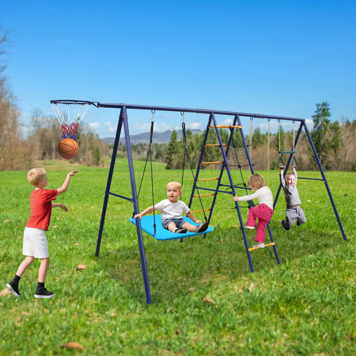 6-in-1 Kids Backyard Playground Equipment Furniture Set - Outdoor Patio Swing with Climbing Ladder, Climbing Net, Trapeze Bar, Hammock, Belt Swing, Basketball Hoop