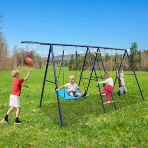 6-in-1 Kids Playground Equipment Outdoor Furniture Set with Climbing Ladder, Climbing Net, Trapeze Bar, Hammock, Belt Swing, Basketball Hoop for Backyard