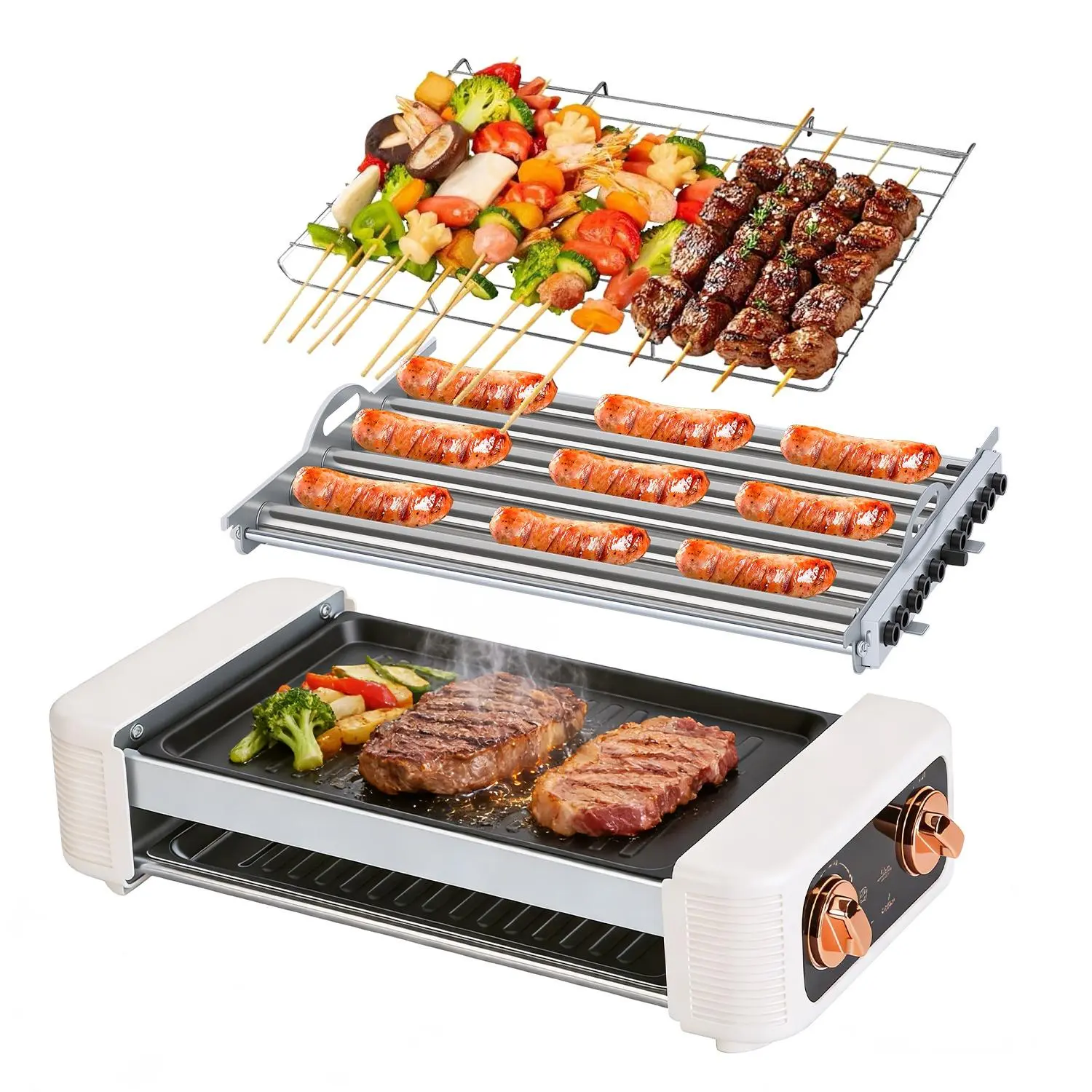 3-in-1 Electric Hot Dog Roller Grill, 6-Roller Hot Dog Cooker with Grill & Griddle, Nonstick Smokeless Countertop BBQ Machine, 3 Temperature Levels for Sausages, Burgers, Skewers & Vegetables,Sports & Outdoors