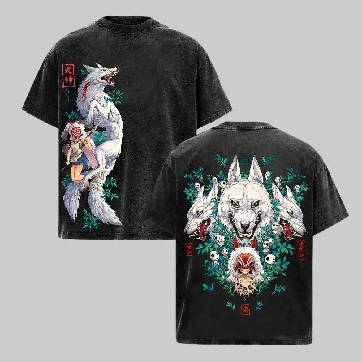Princess Mononoke Studio Ghibli Oversized Graphic Tee Vintage Acid Wash Anime T Shirt Y2K Streetwear Gym Pump Cover San Moro Wolf Kodama Tree Spirit Retro Merch Tiktok Finds Trendy Dark Aesthetic Workout Fit Casual Mens Heavy Cotton