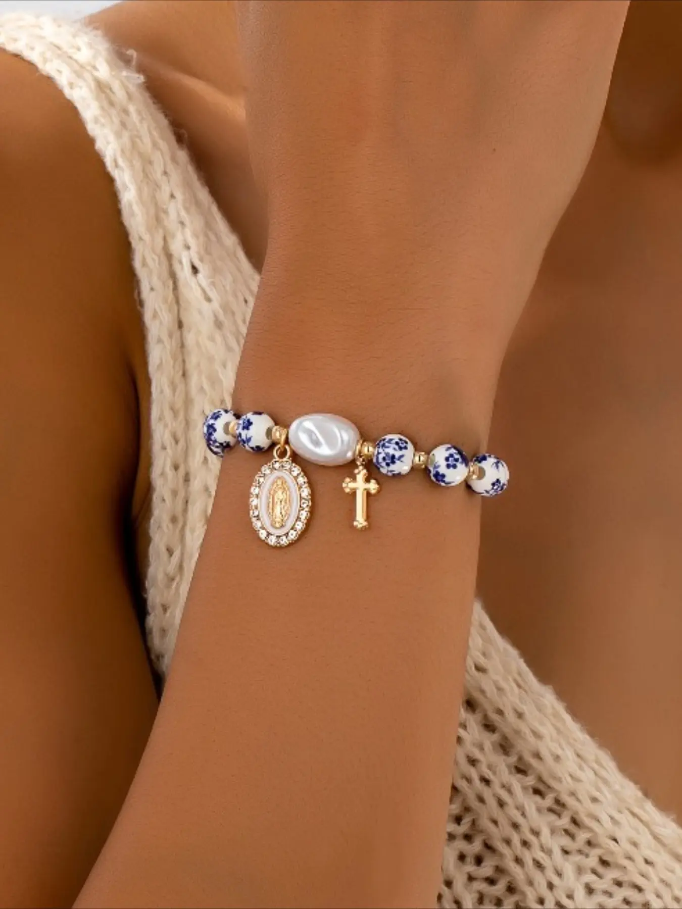 Vintage Cross Saint Mary Blue Porcelain Handmade Beaded Elastic Bracelet, Stackable Bracelets, Unique Design Women's Casual Daily Wear Jewelry, Beads bracelets, Stackable Bangle Bracelets, Adjustable Stack Bangle
