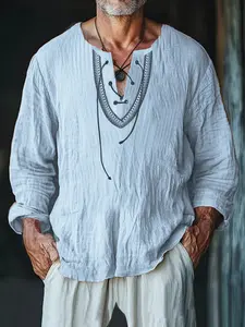 Mens Casual Linen Shirt Spring Autumn New European Style Drawstring Long Sleeve Stand Collar Loose Top