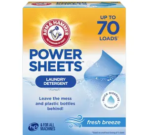 ARM & HAMMER Power Sheets Laundry Detergent, Fresh Breeze Scent, No Mess, Lightweight and Travel-Friendly, 35 Count, Up to 70 Small Loads