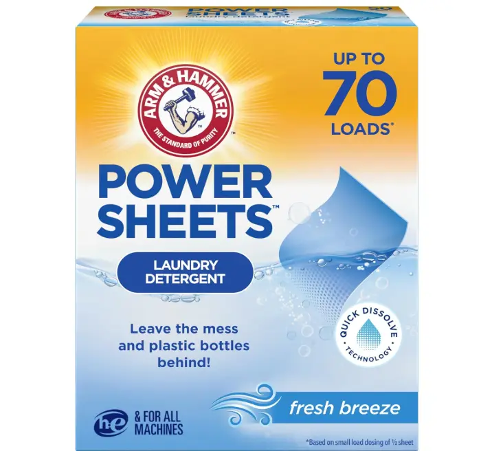ARM & HAMMER Power Sheets Laundry Detergent, Fresh Breeze Scent, No Mess, Lightweight and Travel-Friendly, 35 Count, Up to 70 Small Loads