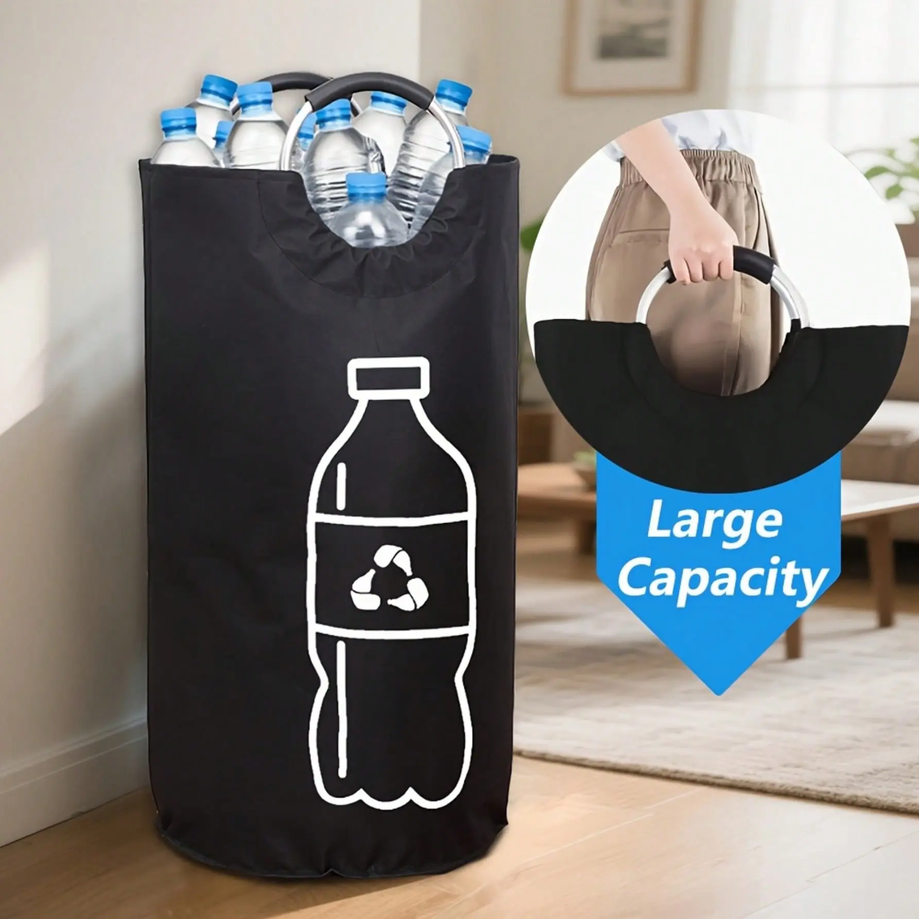 1Pc Black 82L Large Capacity Foldable Recycling Bin for Home, Recycling Bin for Kitchen, Cylindrical Open-Top Design, Multi-Purpose Storage Basket, Space-Saving Organizer, Durable&Easy to Clean