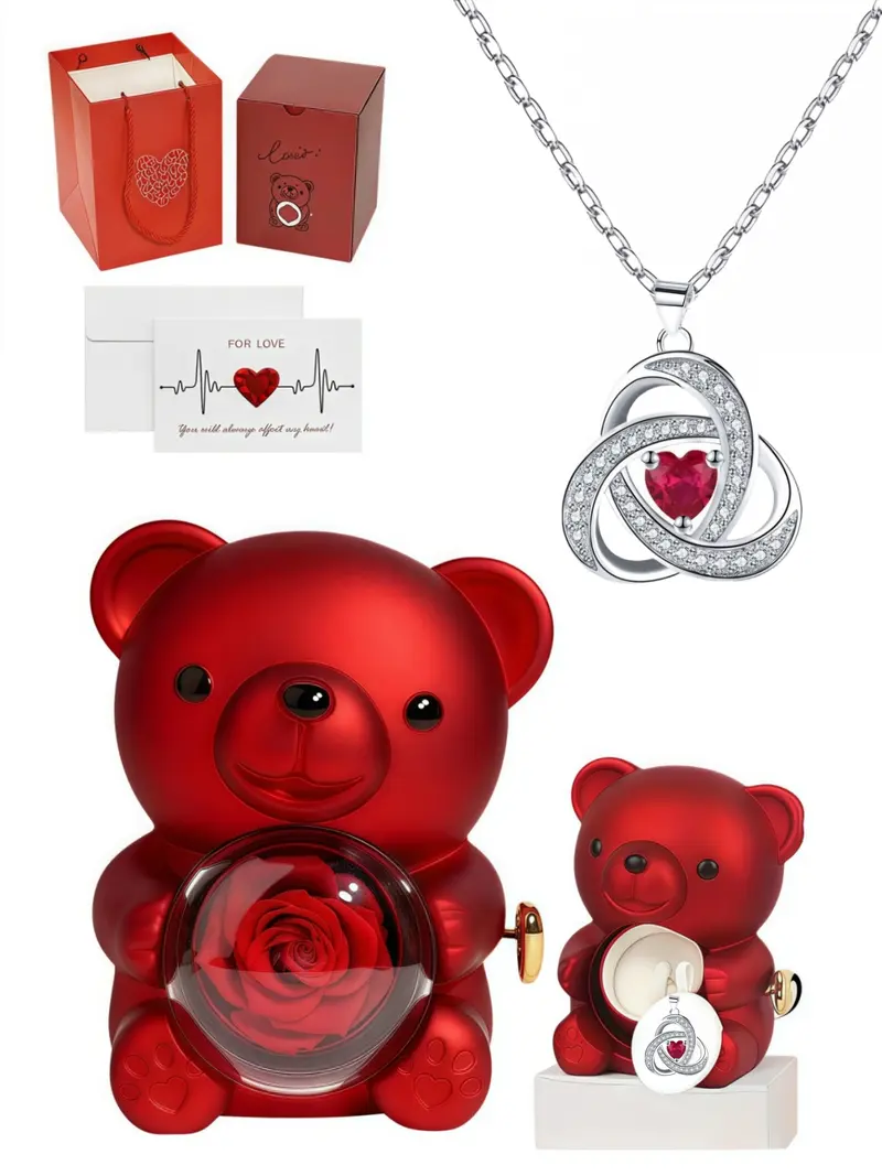 Heart & Bear Design Pendant Necklace with Rose Gift Box, Rhinestone Decor Necklace for Women & Girls, Fashion Jewelry for Party, Daily Decor, Trendy All-match & Exquisite Jewelry for Birthday Gift, Love Heart Necklace