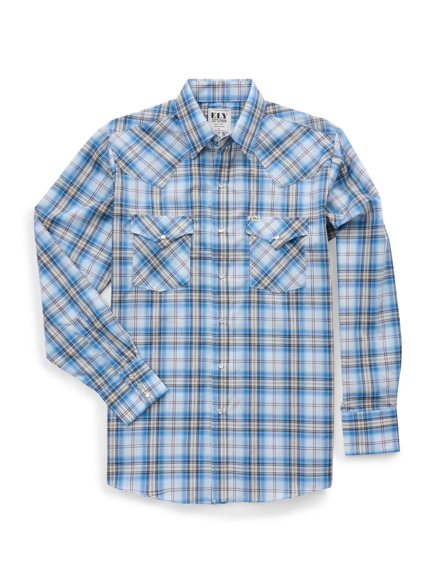 Men's Ely Cattleman Traditional Plaid Full Sleeves Polyester Western Shirt with Fabric Pocket, Pearl Snaps, Casual Classic Menswear Top