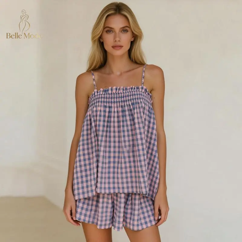 Women's 2 Piece Lounge Outfits Sleeveless Plaid Cami Tank Tops Wide Leg Shorts Sets